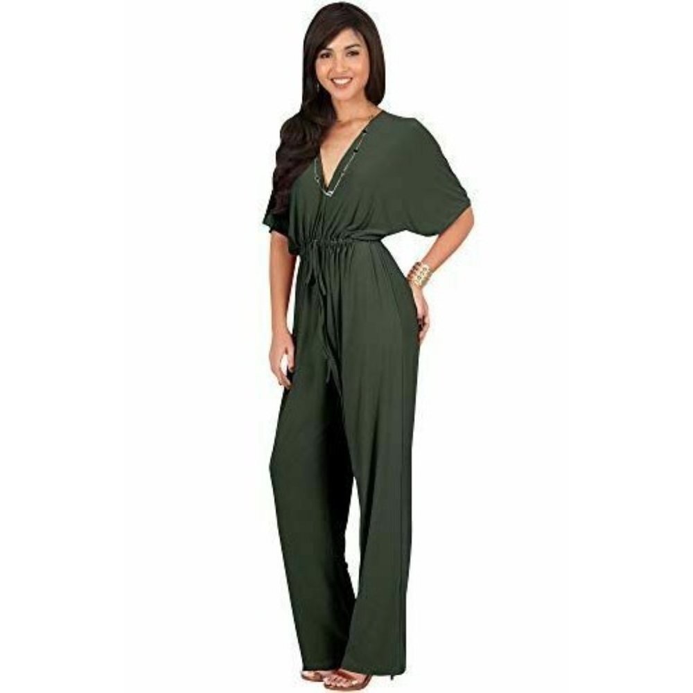 KOH KOH Green Kimono Sleeve V-Neck Sexy Wide Leg One Piece Jumpsuit Size Large